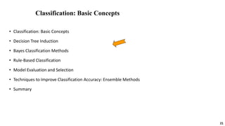 21
Classification: Basic Concepts
• Classification: Basic Concepts
• Decision Tree Induction
• Bayes Classification Methods
• Rule-Based Classification
• Model Evaluation and Selection
• Techniques to Improve Classification Accuracy: Ensemble Methods
• Summary
 
