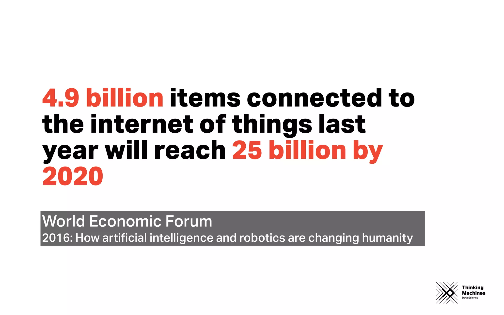 Thinking
Machines
Data Science
4.9 billion items connected to
the internet of things last
year will reach 25 billion by
2020
World Economic Forum
2016: How artiﬁcial intelligence and robotics are changing humanity
 