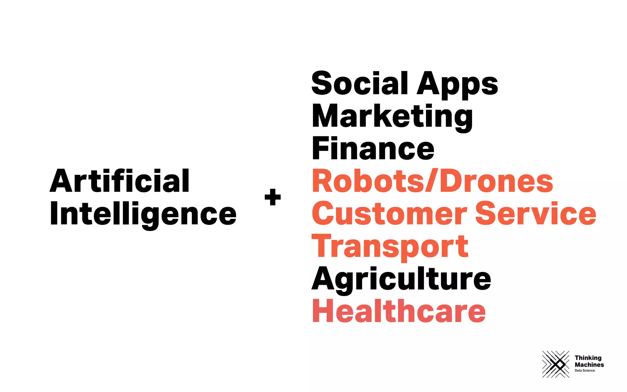 Thinking
Machines
Data Science
Social Apps
Marketing
Finance
Robots/Drones
Customer Service
Transport
Agriculture
Healthcare
Artiﬁcial
Intelligence
+
 