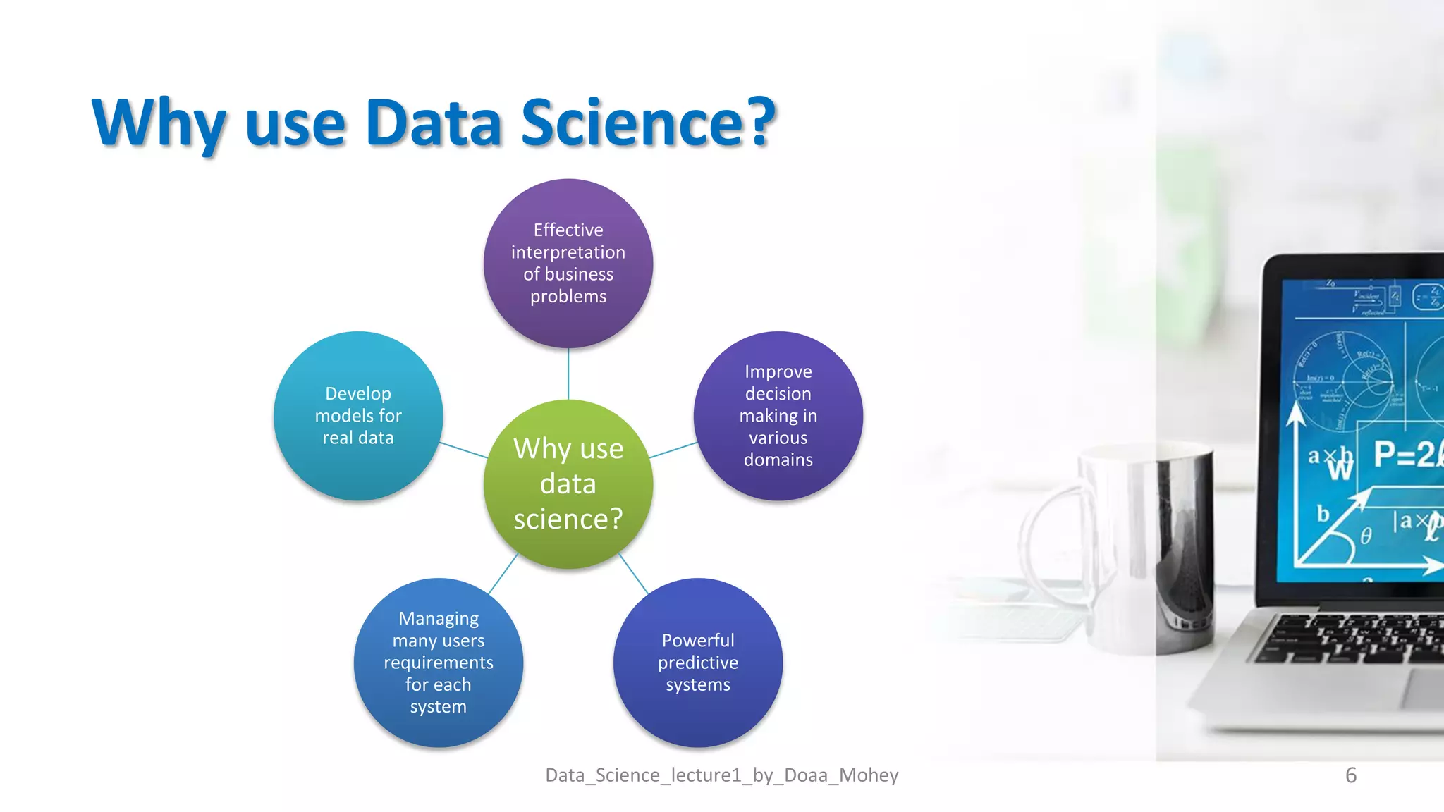 Why use Data Science?
6
Data_Science_lecture1_by_Doaa_Mohey
Why use
data
science?
Effective
interpretation
of business
problems
Improve
decision
making in
various
domains
Powerful
predictive
systems
Managing
many users
requirements
for each
system
Develop
models for
real data
 