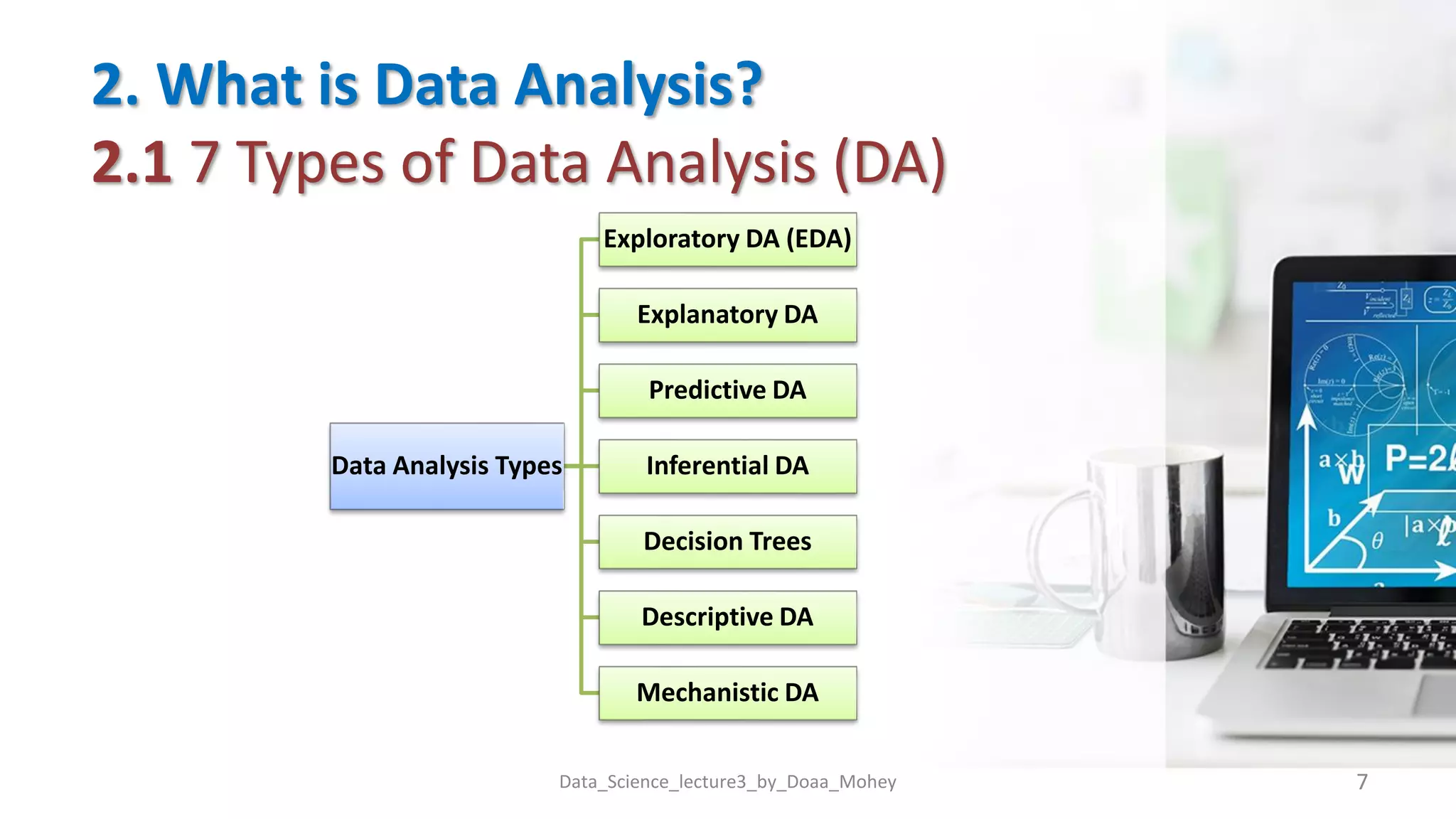 2. What is Data Analysis?
2.1 7 Types of Data Analysis (DA)
Data Analysis Types
Exploratory DA (EDA)
Explanatory DA
Predictive DA
Inferential DA
Decision Trees
Descriptive DA
Mechanistic DA
Data_Science_lecture3_by_Doaa_Mohey 7
 