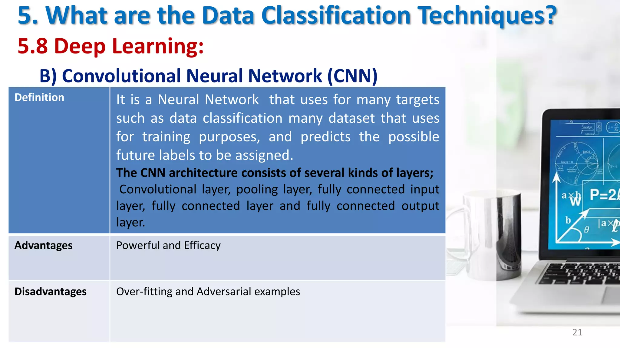5. What are the Data Classification Techniques?
5.8 Deep Learning:
B) Convolutional Neural Network (CNN)
Data_Science_lecture4_by_Doaa_Mohey 21
Definition It is a Neural Network that uses for many targets
such as data classification many dataset that uses
for training purposes, and predicts the possible
future labels to be assigned.
The CNN architecture consists of several kinds of layers;
Convolutional layer, pooling layer, fully connected input
layer, fully connected layer and fully connected output
layer.
Advantages Powerful and Efficacy
Disadvantages Over-fitting and Adversarial examples
 