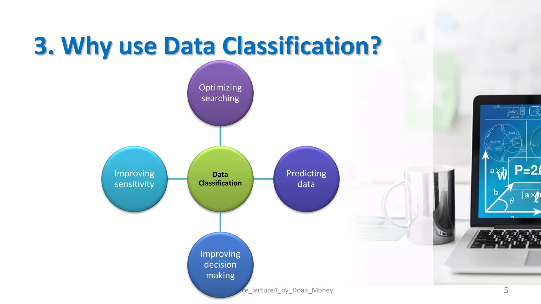 3. Why use Data Classification?
Data_Science_lecture4_by_Doaa_Mohey 5
Data
Classification
Optimizing
searching
Predicting
data
Improving
decision
making
Improving
sensitivity
 