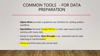 COMMON TOOLS - FOR DATA
PREPARATION
• Alpine Miner provides a graphical user interface for creating analytic
workflows
• OpenRefine (formerly Google Refine) is a free, open source tool for
working with messy data
• Similar to OpenRefine, Data Wrangler is an interactive tool for data
cleansing an transformation
• Alteryx and Informatica also can be tried.
 