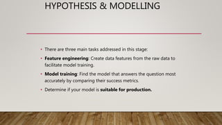 HYPOTHESIS & MODELLING
• There are three main tasks addressed in this stage:
• Feature engineering: Create data features from the raw data to
facilitate model training.
• Model training: Find the model that answers the question most
accurately by comparing their success metrics.
• Determine if your model is suitable for production.
 