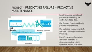 PROJECT - PREDICTING FAILURE – PROACTIVE
MAINTENANCE
• Baseline normal operational
patterns by modelling the
unstructured Log data.
• Use Domain Experts to identify
patterns before failures.
• Use statistical measurements &
Machine Learning to determine
threshold.
• Identify patterns of activity to
anticipate and react to
circumstances that might
otherwise disrupt operations
SME -
Domain
 