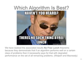 Which Algorithm Is Best?
25
We have dubbed the associated results No Free Lunch theorems
because they demonstrate that if an algorithm performs well on a certain
class of problems then it necessarily pays for that with degraded
performance on the set of all remaining problems. (Wolpert and Macready)
 