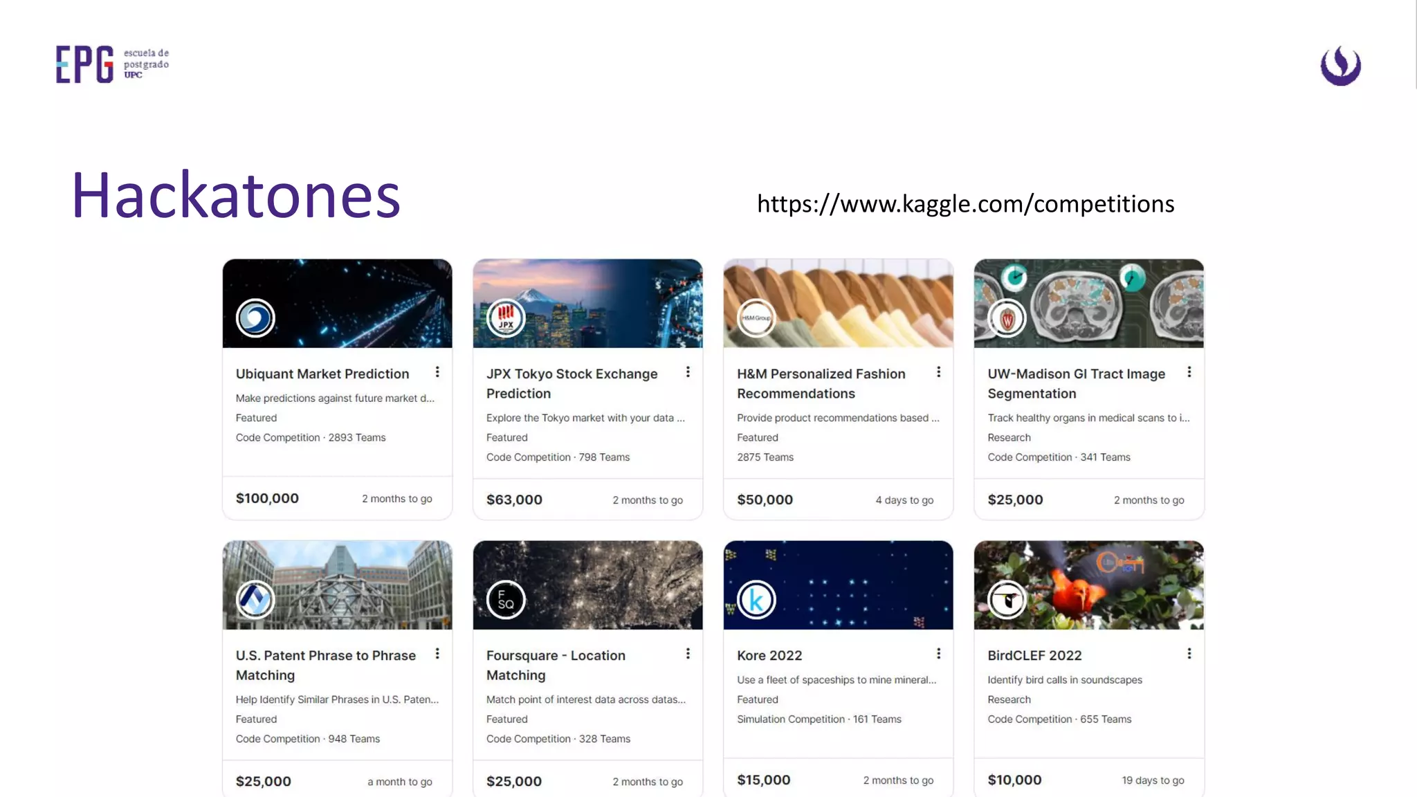 Hackatones https://www.kaggle.com/competitions
 