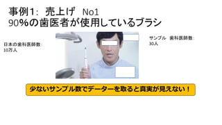 事例１: 売上げ No1
90％の歯医者が使用しているブラシ
日本の歯科医師数：
10万人
サンプル 歯科医師数：
30人
少ないサンプル数でデーターを取ると真実が見えない！
 