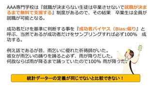 AAA専門学校は『就職が決まらない生徒は卒業させないで就職が決ま
るまで無料で支援する』制度があるので、その結果 卒業生は全員が
就職が可能となる。
成功者だけを基準に判断する事を『成功者バイヤス（Bias:偏り』と
呼ぶ、当然であるが成功者だけをサンプリングすれば必ず100％ 成
功する。
例え話であるが昔、雨乞いに優れた祈祷師がいた。
彼女が雨乞いの踊りを踊ると必ず、雨が降りだした。
何故ならば雨が降るまで踊っていたので100% 雨が降った。
統計データーの定義が同じでないと比較できない！
 