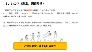 ３．いつ？（測定、調査時期）
統計データを分析する際は時間は重要なファクターである。
いつ、測定、調査したのか？ データーが古くはないか？ 測定時期が不明でないか？
を疑って確認する事が必要である。
又、統計データーを比較する際にも都合の良い時間軸だけを切り取り、比較してないか？
全ての時系列データーが対象になっているか、確認する。
いつに測定、調査したのか？
 