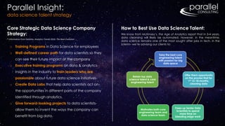 Parallel Insight:
data science talent strategy
o Training Programs in Data Science for employees
o Well-defined career path for data scientists so they
can see their future impact at the company
o Executive training programs on data & analytics
insights in the industry to train leaders who are
passionate about future data science initiatives
o Create Data Labs that help data scientists act on
the opportunities in different parts of the company
identified through analytics.
o Give forward-looking projects to data scientists-
allow them to invent the ways the company can
benefit from big data.
Core Strategic Data Science Company
Strategy:
* Information from Deloitte, Analytics Trends 2016: The Next Evolution
We know from McKinsey’s, the Age of Analytics report that in 3-4 years,
data cleansing will likely be automated. However, in the meantime,
data science remains one of the most sought after jobs in tech. in the
interim- we’re advising our clients to:
Take the best core
engineering talent
with passion for big
data space
Offer them opportunity
on the proviso that for
1st 12-18 months,
cleaning data
Frees up Senior Data
Scientists to spend
more time on
bleeding edge work
Motivates both core
engineering team and
data science team
Retain top data
science talent & core
engineering talent
How to Best Use Data Science Talent:
 