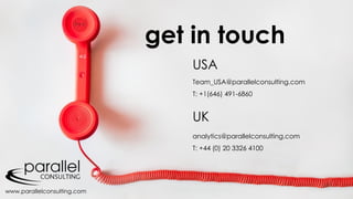get in touch
Team_USA@parallelconsulting.com
T: +1(646) 491-6860
USA
analytics@parallelconsulting.com
T: +44 (0) 20 3326 4100
UK
www.parallelconsulting.com
 