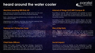 heard around the water cooler
Machine Learning Will Rule All Internet of Things (IoT) Will Conquer BI
Hadoop Isn’t Flying the Coop Rise of Big Data
Chief Data Officers Social Impact
Data Science and Machine Learning will be fused into one and
business analytics will not survive with our Machine Learning.
Soon – Machine Learning will become a mandatory skill within the
Data Science market.
Organizations are already attracting top Machine Learning Data
Science talent to enrich their departments in 2017.
According to Gartner, 50% of BI platforms will capitalize on event
data streams with the growth of sensor-driven devices. This trend
will harvest a new breed of BI solutions harbouring real-time data
troves from devices.
According to GE’s Industrial Internet Insights Report, the Data
Science marketplace will embrace the rising popularity of IoT skills,
with the IoT market contributing $10-$15 trillion to GDP in the next 20
years.
Hadoop is a beacon of light for Big Data solutions and its positive impact
on enterprise IT budgets has only encouraged its natural growth in the
marketplace. Offering applications from Predictive Analytics to ETL to
Data Visualization and Data Mining, Hadoop is considered the most
fiscally responsible and scalable Big Data Management systems on a
global level.
Today, Big Data technologies are critical for the success of Data
Science pursuits than ever before. Until now, only 30% of businesses
have experienced the Big Data revolution, but with the reduction in
cost of “volume, velocity and variety of data” , big data investments
will rise.
CDOs have been charged with Data Strategy, Governance,
Quality, & Management. With 25% of Enterprises estimated to
recruit CDOs by the end of this year, we can expect to see a
primary drive in data science and advanced analytics capabilities.
According to a study by Deloitte, as the proliferation in video
communicant and wearable digital products continues, there will
be an increase in the social impact Data Science can make in the
Healthcare and Customer satisfaction industries.
 