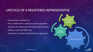 LIFECYCLE	OF	A	REGISTERED	REPRESENTATIVE	
? Get	hired	by	a	member	firm
? Pass	a	FINRA	exam	to	obtain	an	active	registration
? Maintain	the	registration	with	continuing	education
? Adhere	to	SEC	and	FINRA	rules
? Participate	in	market	activity	based	on	registration
MARKET	REGULATION
MEMBER	
REGULATION
REGISTRATION	
AND	
DISCLOSURE
FINRA	Technology
 