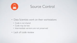Source Control
• Data Scientists work on their workstations
• Code is not shared
• Code may be lost
• Intermediate versions are not preserved
• Lack of code review
 