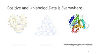 Positive and Unlabeled Data is Everywhere
Medical records Incomplete gene/protein databasesBookmarks/likes
9
 