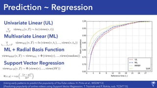 Prediction ~ Regression
Univariate Linear (UL)
Multivariate Linear (ML)
ML + Radial Basis Function
Support Vector Regression
[Using early patterns to predict the popularity of YouTube videos. H. Pinto et al., WSDM’13]
[Predicting popularity of online videos using Support Vector Regression. T. Trzcinski and P. Rokita, sub. TCSVT’15]
Φ(x, y) = exp
✓
−
||x − y||2
2σ2
◆
∀
t<T
viewsUL(v, T) ∼ ln (views(v, t))
∀
t1,...,tn<T
viewsML(v, T) ∼ ln (views(v, t1), ..., views(v, tn))
viewsSV R(v, T) ∼ Φ (views(v), ..., views(SV ))
viewsRBF (v, T) ∼ viewsML + Φ (views(v), ..., views(random))
 