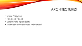 ARCHITECTURES
• Linear / recurrent
• Non-deep / deep
• Deterministic / probability
• Supervised / unsupervised / reinforced
 