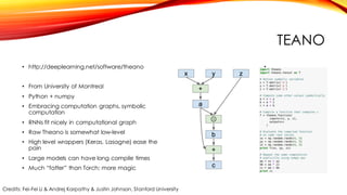 TEANO
• http://deeplearning.net/software/theano
• From University of Montreal
• Python + numpy
• Embracing computation graphs, symbolic
computation
• RNNs fit nicely in computational graph
• Raw Theano is somewhat low-level
• High level wrappers (Keras, Lasagne) ease the
pain
• Large models can have long compile times
• Much “fatter” than Torch; more magic
Credits: Fei-Fei Li & Andrej Karpathy & Justin Johnson, Stanford University
 