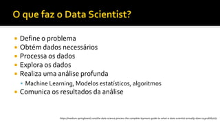  Define o problema
 Obtém dados necessários
 Processa os dados
 Explora os dados
 Realiza uma análise profunda
 Machine Learning, Modelos estatísticos, algoritmos
 Comunica os resultados da análise
https://medium.springboard.com/the-data-science-process-the-complete-laymans-guide-to-what-a-data-scientist-actually-does-ca3e166b7c67
 