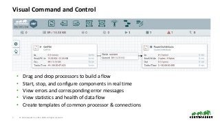 7 © Hortonworks Inc. 2011–2018. All rights reserved.
Visual Command and Control
• Drag and drop processors to build a flow...