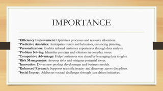 IMPORTANCE
•Efficiency Improvement: Optimizes processes and resource allocation.
•Predictive Analytics: Anticipates trends and behaviors, enhancing planning.
•Personalization: Enables tailored customer experiences through data analysis.
•Problem Solving: Identifies patterns and solutions in complex issues.
•Competitive Advantage: Helps businesses stay ahead by leveraging data insights.
•Risk Management: Assesses risks and mitigates potential losses.
•Innovation: Drives new product development and business models.
•Enhanced Research: Supports scientific inquiry and discovery across disciplines.
•Social Impact: Addresses societal challenges through data-driven initiatives.
 