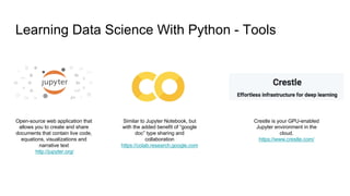 Learning Data Science With Python - Tools
Open-source web application that
allows you to create and share
documents that c...