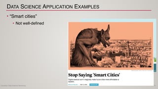 Canadian Data Science Workshop
DATA SCIENCE APPLICATION EXAMPLES
• “Smart cities”
• Not well-defined
14
 