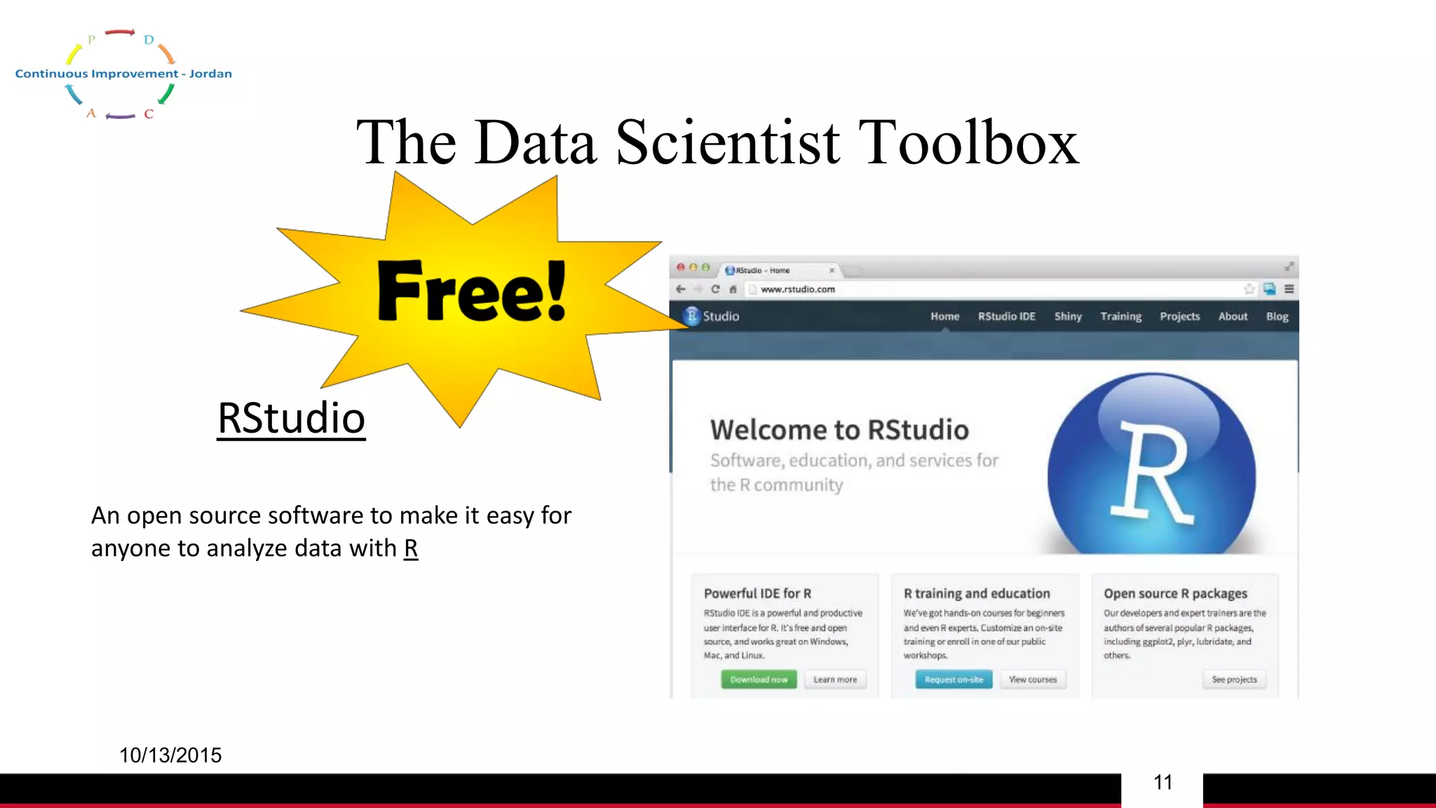 The Data Scientist Toolbox
10/13/2015
11
RStudio
An open source software to make it easy for
anyone to analyze data with R
 