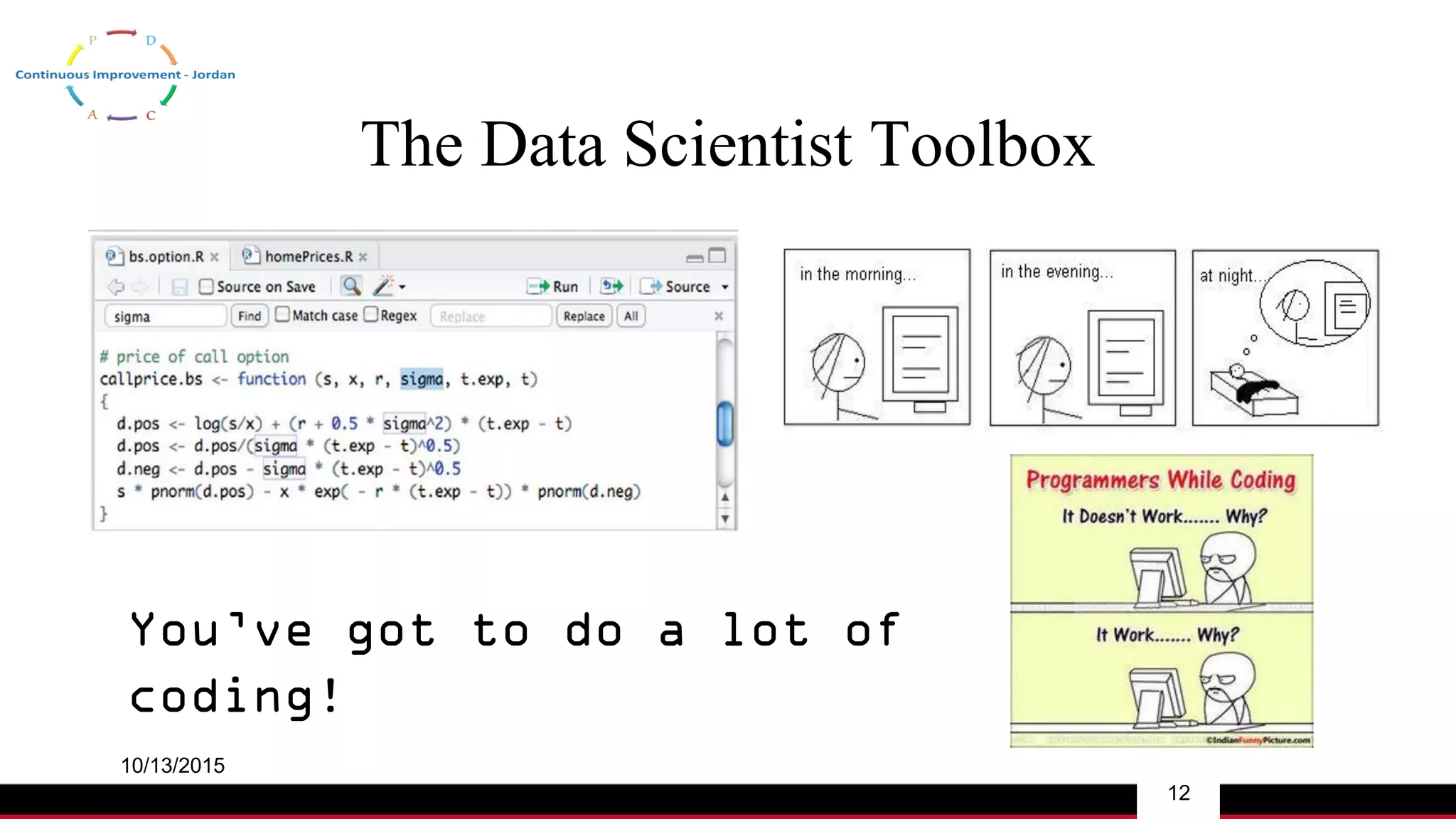 The Data Scientist Toolbox
10/13/2015
12
You’ve got to do a lot of
coding!
 