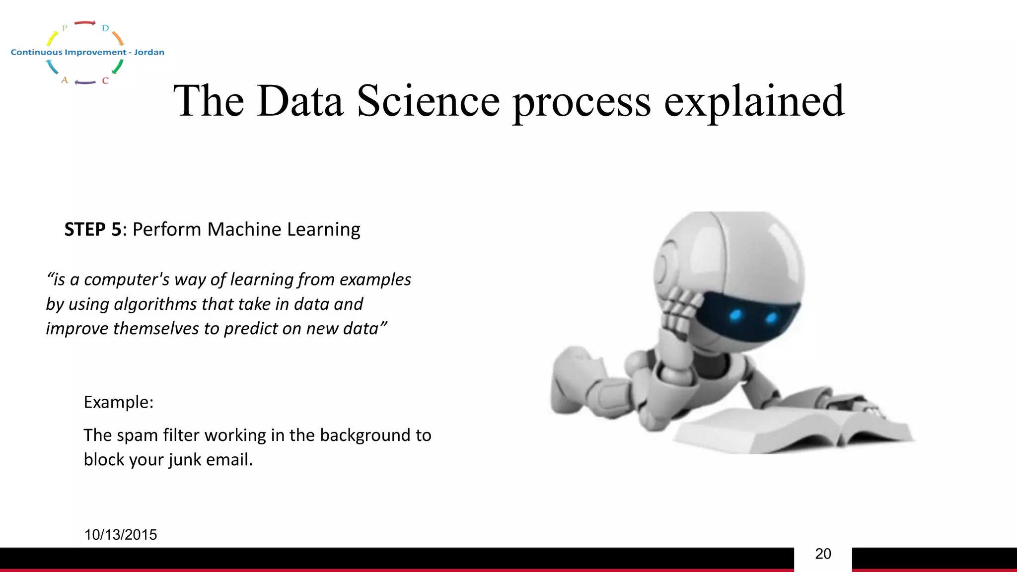 The Data Science process explained
10/13/2015
20
STEP 5: Perform Machine Learning
“is a computer's way of learning from examples
by using algorithms that take in data and
improve themselves to predict on new data”
Example:
The spam filter working in the background to
block your junk email.
 
