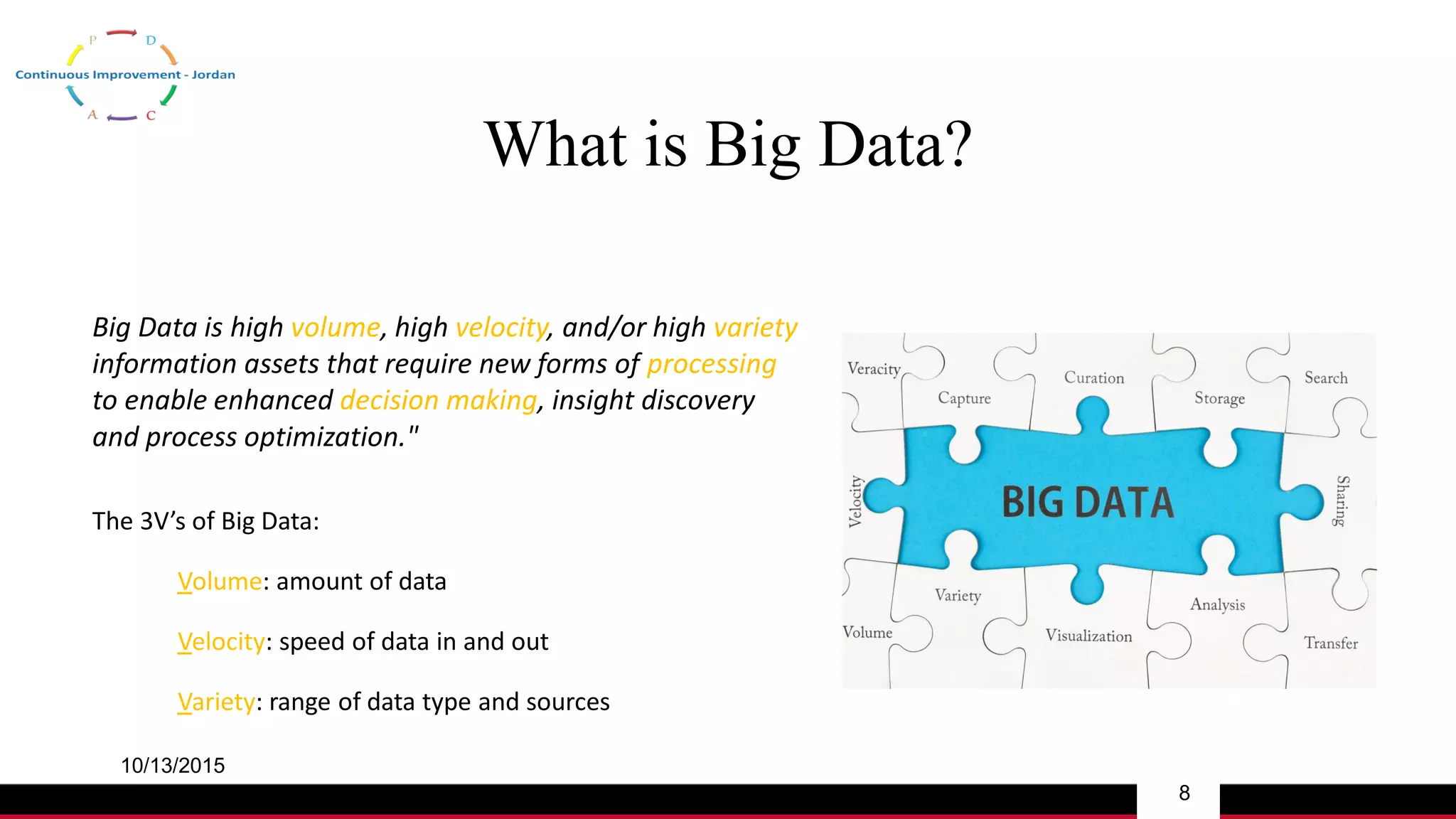 What is Big Data?
10/13/2015
8
Big Data is high volume, high velocity, and/or high variety
information assets that require new forms of processing
to enable enhanced decision making, insight discovery
and process optimization."
The 3V’s of Big Data:
Volume: amount of data
Velocity: speed of data in and out
Variety: range of data type and sources
 