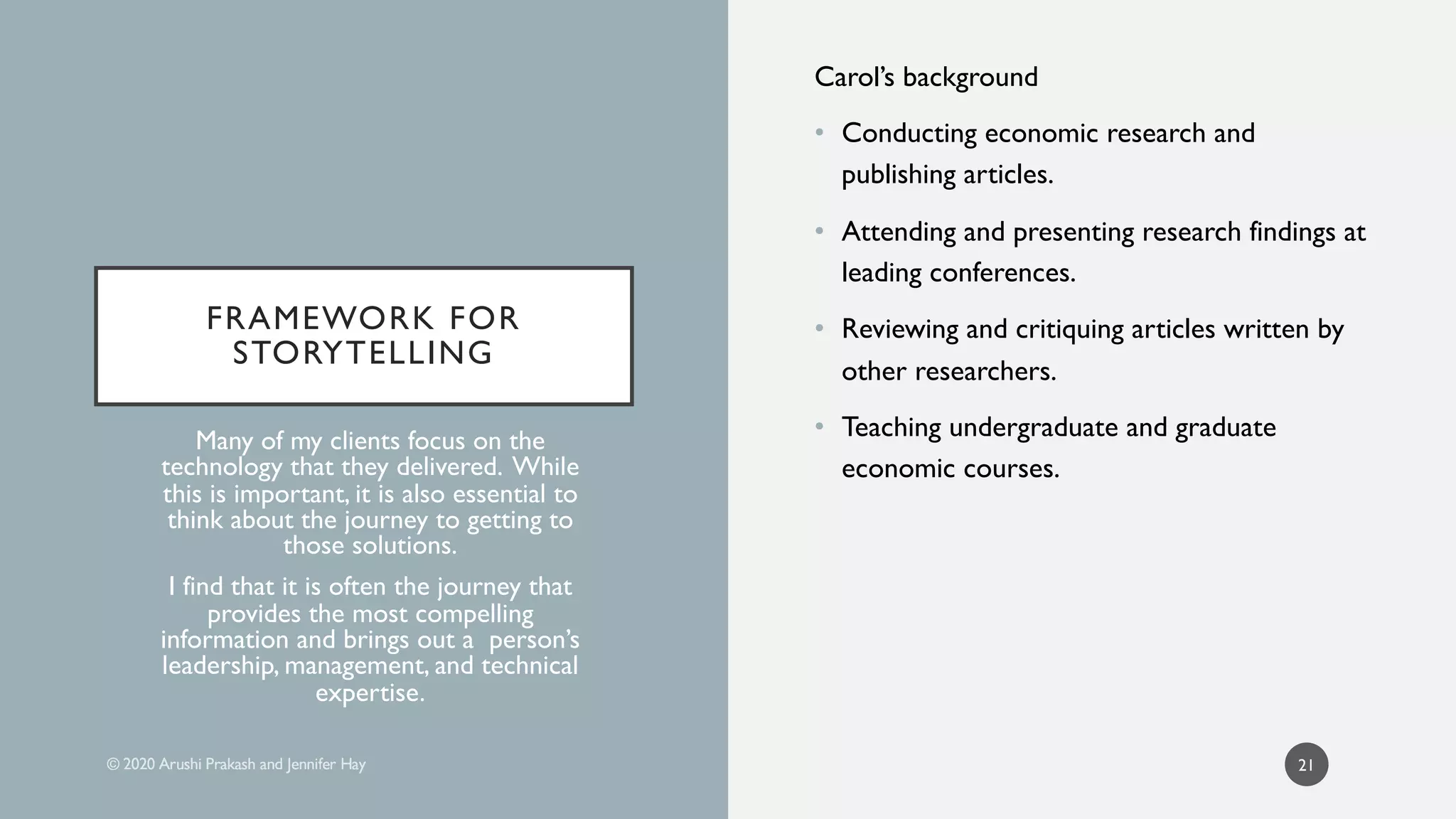 Carol’s background
• Conducting economic research and
publishing articles.
• Attending and presenting research findings at
leading conferences.
• Reviewing and critiquing articles written by
other researchers.
• Teaching undergraduate and graduate
economic courses.
Many of my clients focus on the
technology that they delivered. While
this is important, it is also essential to
think about the journey to getting to
those solutions.
I find that it is often the journey that
provides the most compelling
information and brings out a person’s
leadership, management, and technical
expertise.
21
FRAMEWORK FOR
STORYTELLING
FRAMEWORK FOR
STORYTELLING
 