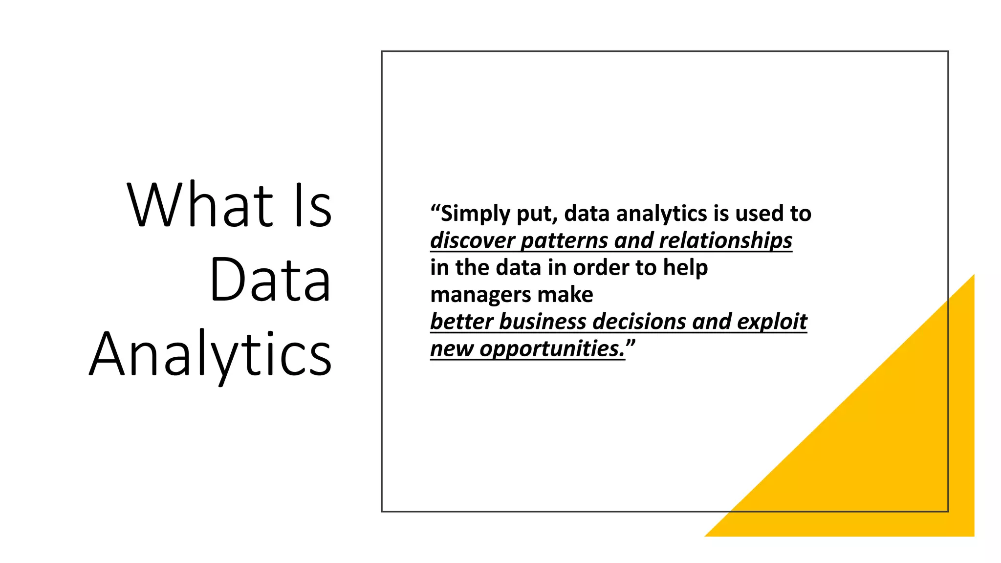 What Is
Data
Analytics
“Simply put, data analytics is used to
discover patterns and relationships
in the data in order to help
managers make
better business decisions and exploit
new opportunities.”
 