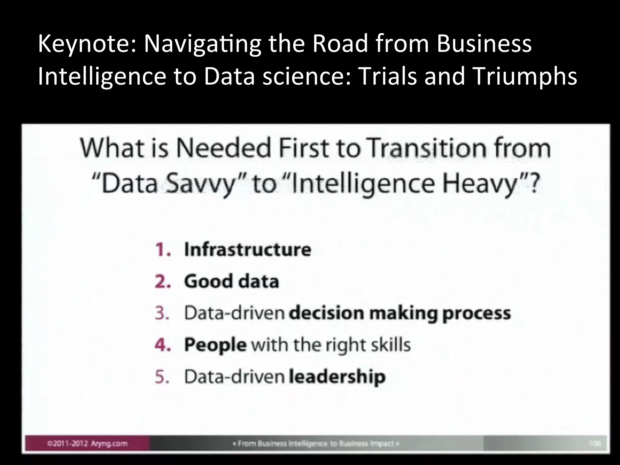 Keynote:	
  NavigaJng	
  the	
  Road	
  from	
  Business	
  
Intelligence	
  to	
  Data	
  science:	
  Trials	
  and	
  Triumphs	
  
 