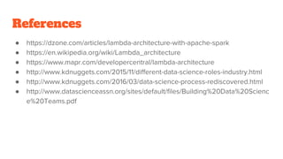 References
● https://dzone.com/articles/lambda-architecture-with-apache-spark
● https://en.wikipedia.org/wiki/Lambda_architecture
● https://www.mapr.com/developercentral/lambda-architecture
● http://www.kdnuggets.com/2015/11/different-data-science-roles-industry.html
● http://www.kdnuggets.com/2016/03/data-science-process-rediscovered.html
● http://www.datascienceassn.org/sites/default/files/Building%20Data%20Scienc
e%20Teams.pdf
 