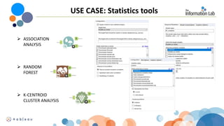 USE CASE: Statistics tools
 ASSOCIATION
ANALYSIS
 RANDOM
FOREST
 K-CENTROID
CLUSTER ANALYSIS
 