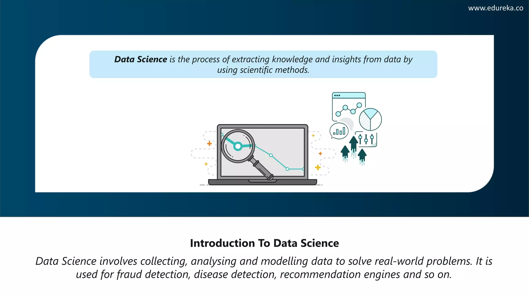Introduction To Data Science
www.edureka.co
Data Science is the process of extracting knowledge and insights from data by
using scientific methods.
Data Science involves collecting, analysing and modelling data to solve real-world problems. It is
used for fraud detection, disease detection, recommendation engines and so on.
 