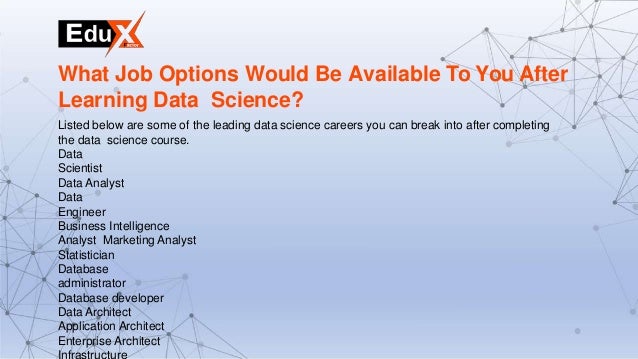 Listed below are some of the leading data science careers you can break into after completing
the data science course.
Data
Scientist
Data Analyst
Data
Engineer
Business Intelligence
Analyst Marketing Analyst
Statistician
Database
administrator
Database developer
Data Architect
Application Architect
Enterprise Architect
What Job Options Would Be Available To You After
Learning Data Science?
 