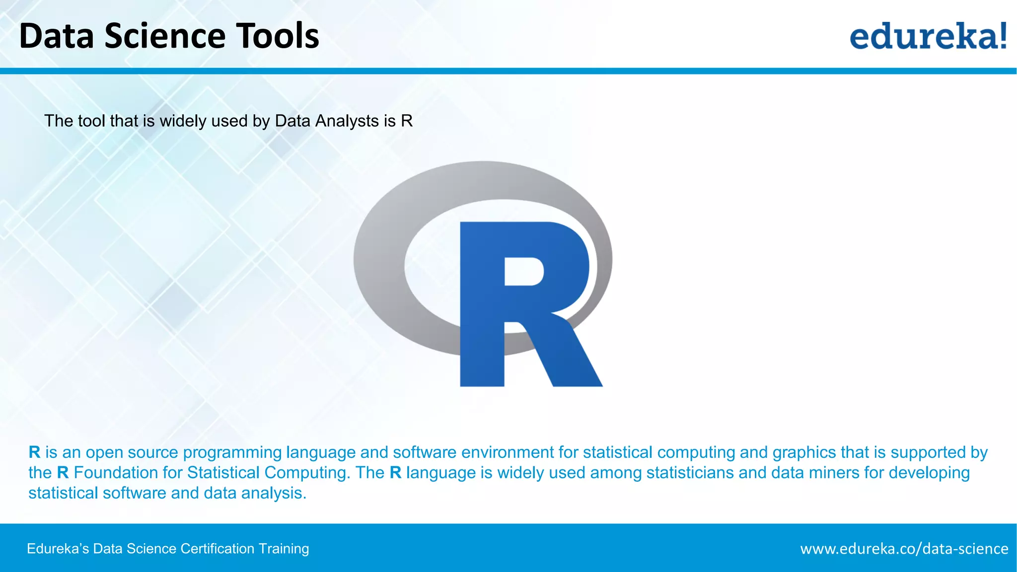 www.edureka.co/data-scienceEdureka’s Data Science Certification Training
Data Science Tools
The tool that is widely used by Data Analysts is R
R is an open source programming language and software environment for statistical computing and graphics that is supported by
the R Foundation for Statistical Computing. The R language is widely used among statisticians and data miners for developing
statistical software and data analysis.
 