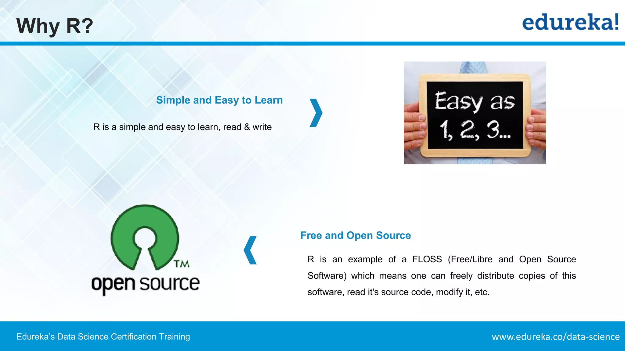 www.edureka.co/data-scienceEdureka’s Data Science Certification Training
Why R?
Simple and Easy to Learn
Free and Open Source
R is a simple and easy to learn, read & write
R is an example of a FLOSS (Free/Libre and Open Source
Software) which means one can freely distribute copies of this
software, read it's source code, modify it, etc.
 