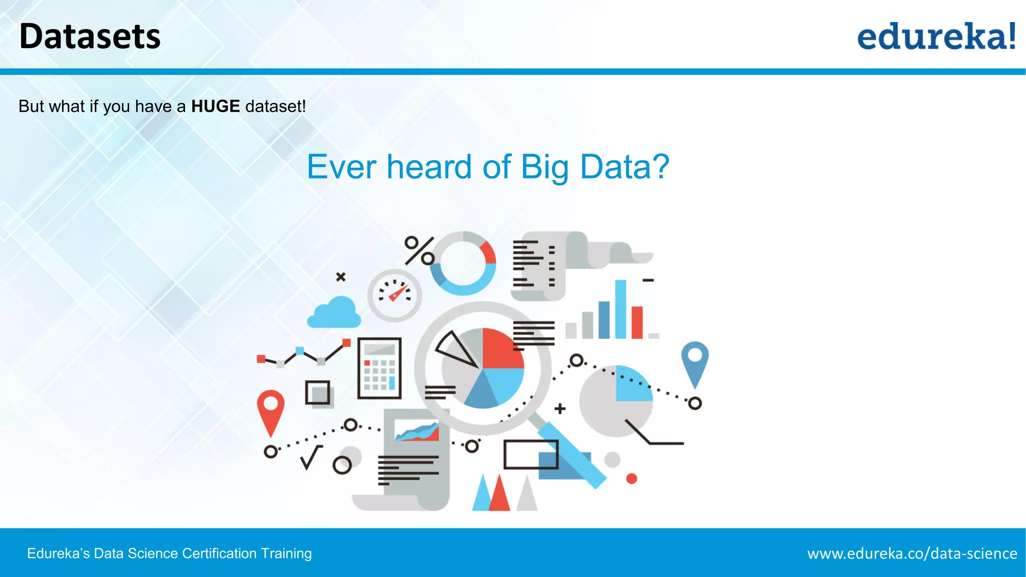 www.edureka.co/data-scienceEdureka’s Data Science Certification Training
Datasets
But what if you have a HUGE dataset!
Ever heard of Big Data?
 