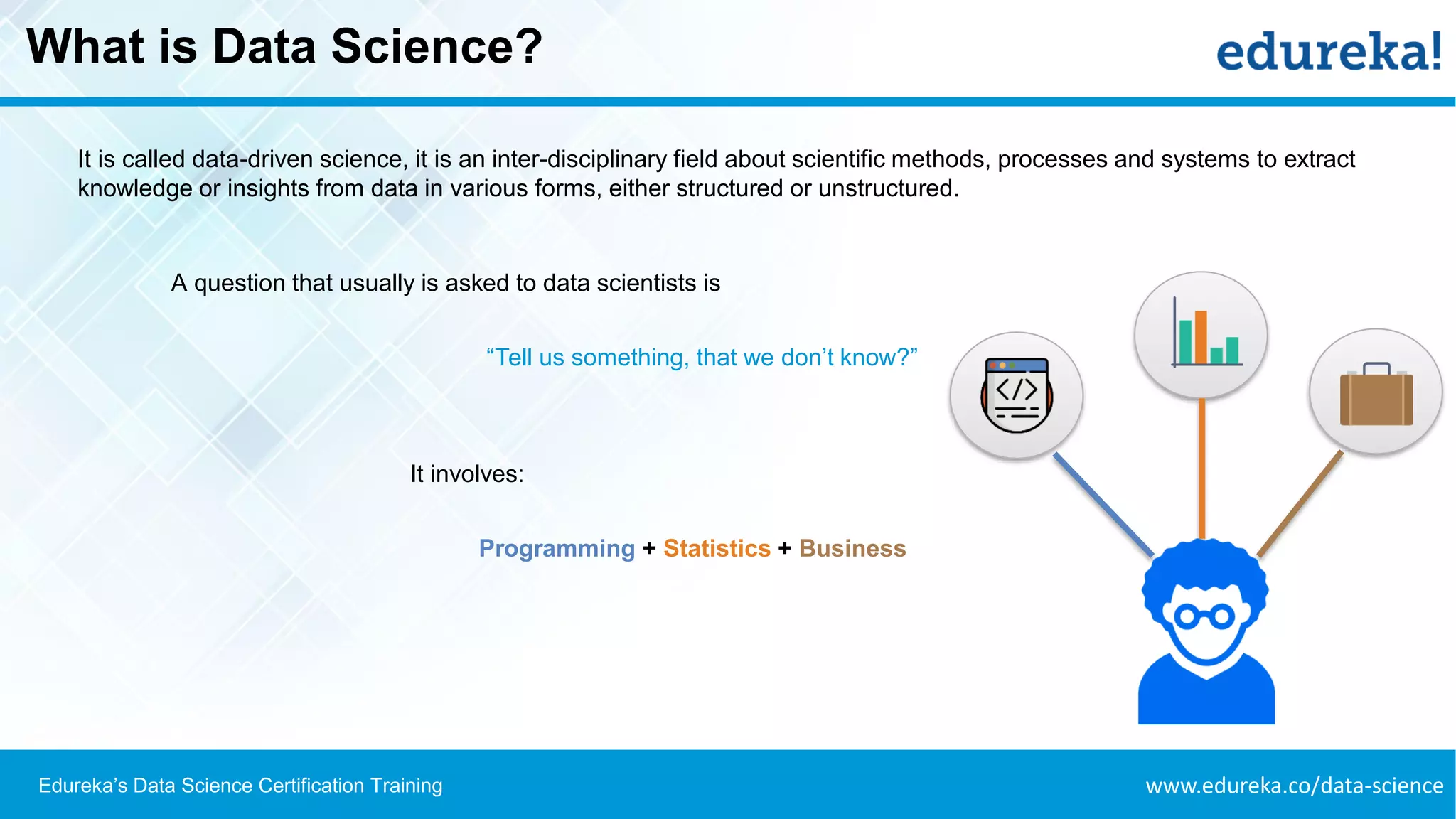 www.edureka.co/data-scienceEdureka’s Data Science Certification Training
What is Data Science?
It is called data-driven science, it is an inter-disciplinary field about scientific methods, processes and systems to extract
knowledge or insights from data in various forms, either structured or unstructured.
A question that usually is asked to data scientists is
“Tell us something, that we don’t know?”
It involves:
Programming + Statistics + Business
 