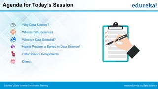 www.edureka.co/data-scienceEdureka’s Data Science Certification Training
Agenda for Today’s Session
Why Data Science?
What is Data Science?
Who is a Data Scientist?
How a Problem is Solved in Data Science?
Data Science Components
Demo
 
