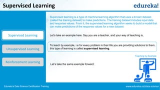 www.edureka.co/data-scienceEdureka’s Data Science Certification Training
Supervised Learning
Supervised Learning
Unsupervised Learning
Reinforcement Learning
Let’s take an example here. Say you are a teacher, and your way of teaching is,
To teach by example, i.e for every problem in their life you are providing solutions to them,
this type of learning is called supervised learning.
Let’s take the same example forward:
Supervised learning is a type of machine learning algorithm that uses a known dataset
(called the training dataset) to make predictions. The training dataset includes input data
and response values. From it, the supervised learning algorithm seeks to build a model that
can make predictions of the response values for a new dataset.
Teaching by Example
 