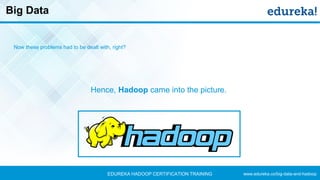 www.edureka.co/big-data-and-hadoopEDUREKA HADOOP CERTIFICATION TRAINING
Big Data
Now these problems had to be dealt with, right?
Hence, Hadoop came into the picture.
 