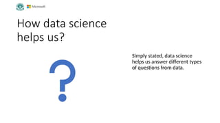 How data science
helps us?
Simply stated, data science
helps us answer different types
of questions from data.
 