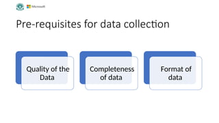 Pre-requisites for data collection
Quality of the
Data
Completeness
of data
Format of
data
 