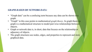 GRAPH-BASED OR NETWORK DATA:
• “Graph data” can be a confusing term because any data can be shown in a
graph.
• “Graph” in this case points to mathematical graph theory. In graph theory, a
graph is a mathematical structure to model pair-wise relationships between
objects.
• Graph or network data is, in short, data that focuses on the relationship or
adjacency of objects.
• The graph structures use nodes, edges, and properties to represent and store
graphical data.
 